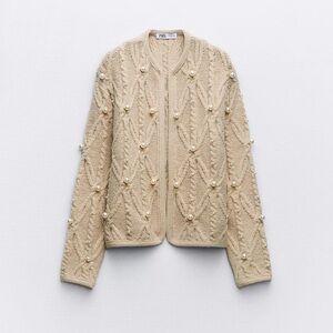 Zara Beige Pearl-Embellished Cardigan